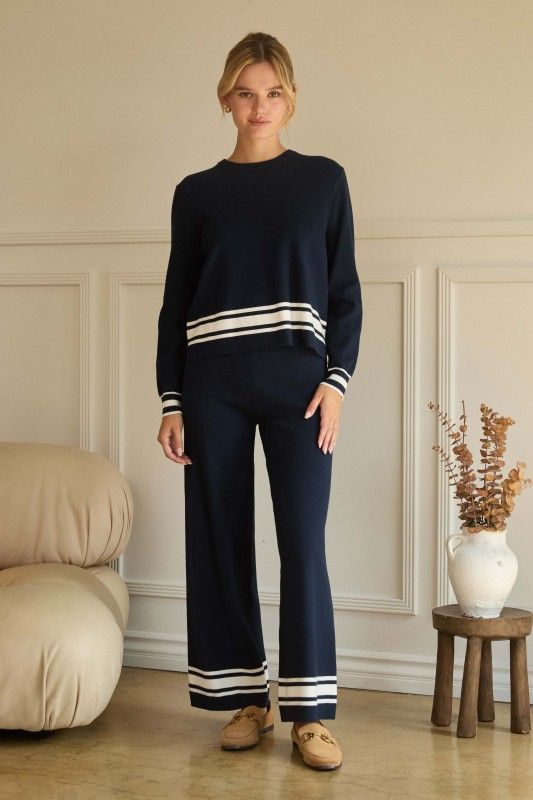 Stripe Hem Knit Pants, Color: NAVY/WHT, Size: XS