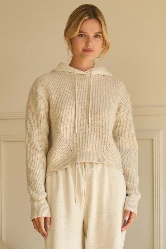Knitted Hoodie Mixed Media Sweater, Color: OATMEAL, Size: XS