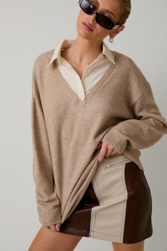 Shirt Collar Layered Pull Over Sweater Top , Color: OATMEAL, Size: S