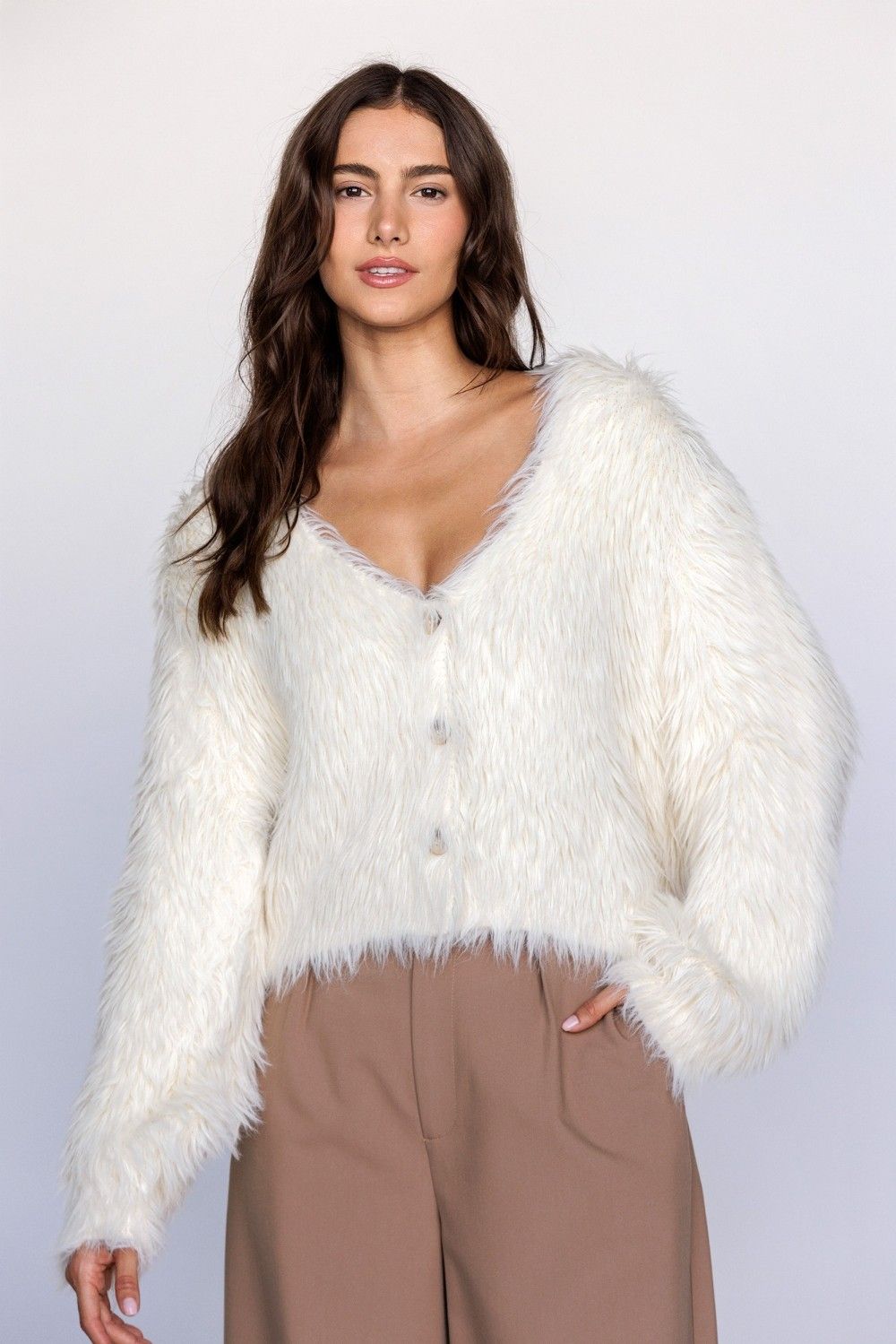 Fuzzy Faux Fur Cardigan, Color: IVORY, Size: S