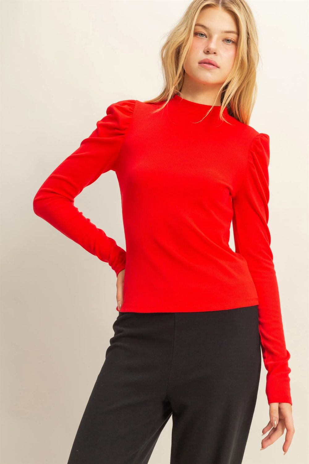 Puff Slv Fitted Top, Color: RED, Size: S