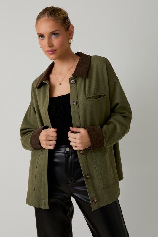 Button Down Barn Jacket, Color: OLIVE, Size: S