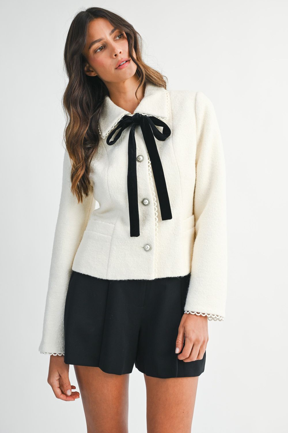 Pearl Button Down Jacket W/Velvet Bow, Color: CREAM, Size: S
