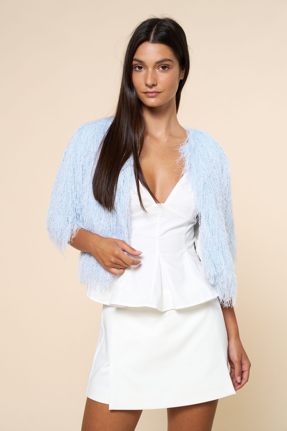 Fur Fringe Jacket, Color: LT BLUE, Size: S