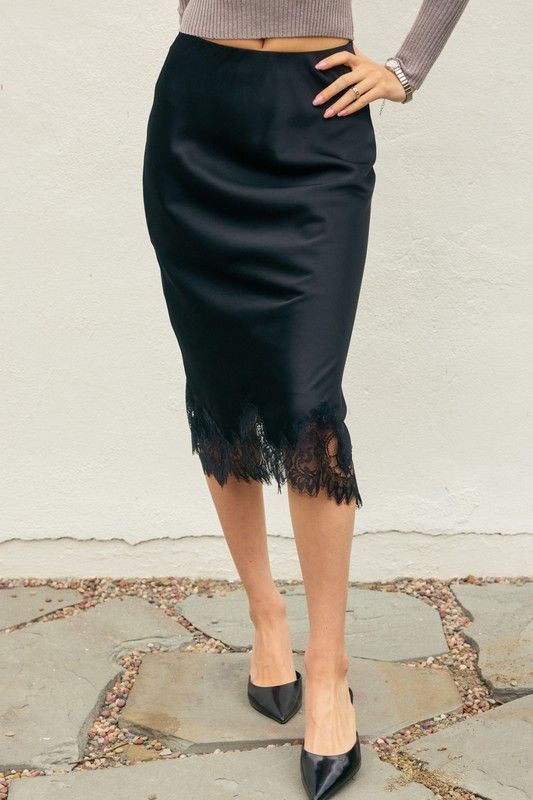 Dull Satin Lace Hem Pencil Skirt, Color: BLACK, Size: S