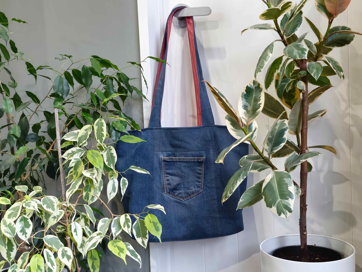 Blue Grey/Salmon Red Denim Bag