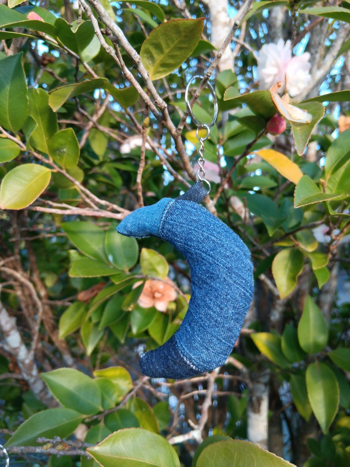 Patchworked Denim Crescent Keychain