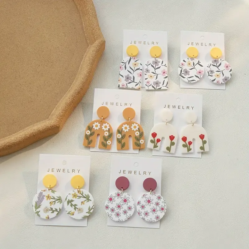 Bohemian Style Colourful Floral Clay Texture Dangle Earrings
