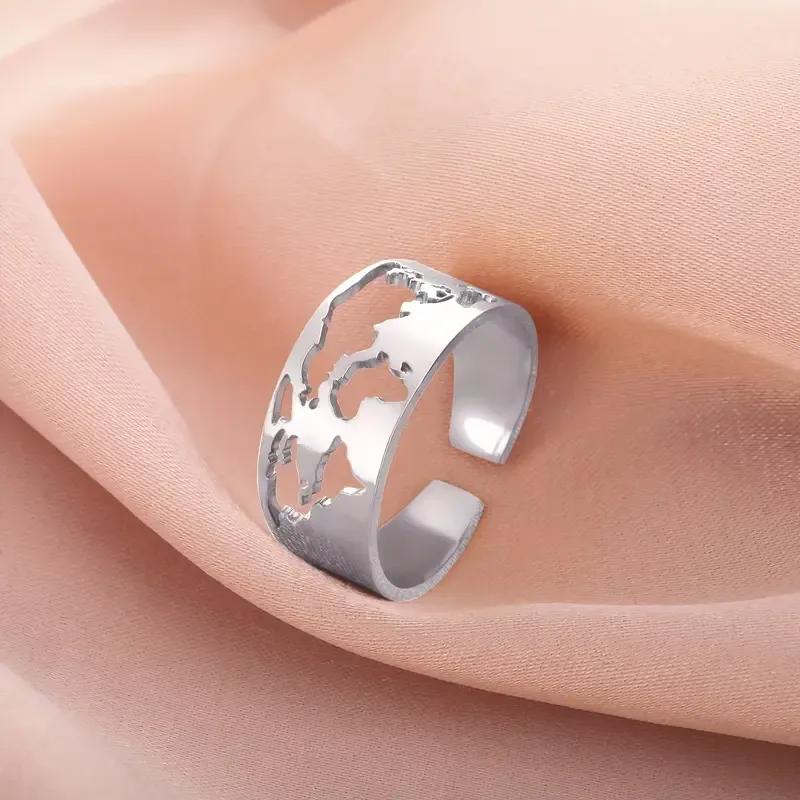 Stainless Steel Adjustable World Map Hollow Out Ring, Geometric Open Design