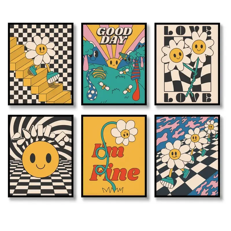 Wall Art Vintage Decor Prints Happy Flower Canvas 60s 70s Retro Posters
