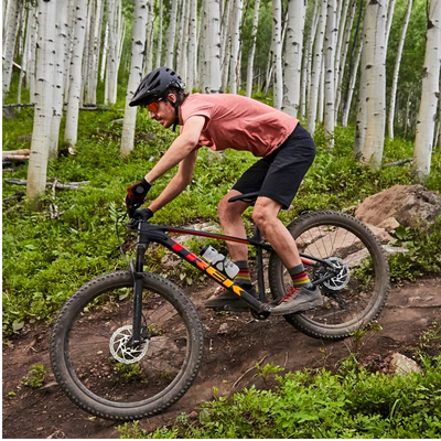 A cyclist hits the brakes descending through a forest on a Trek mountain bike