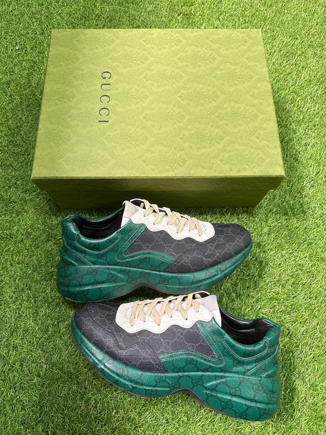 PREOWNED GUCCI RYTHON &quot;GREEN BLACK MONOGRAM&quot; SIZE 9