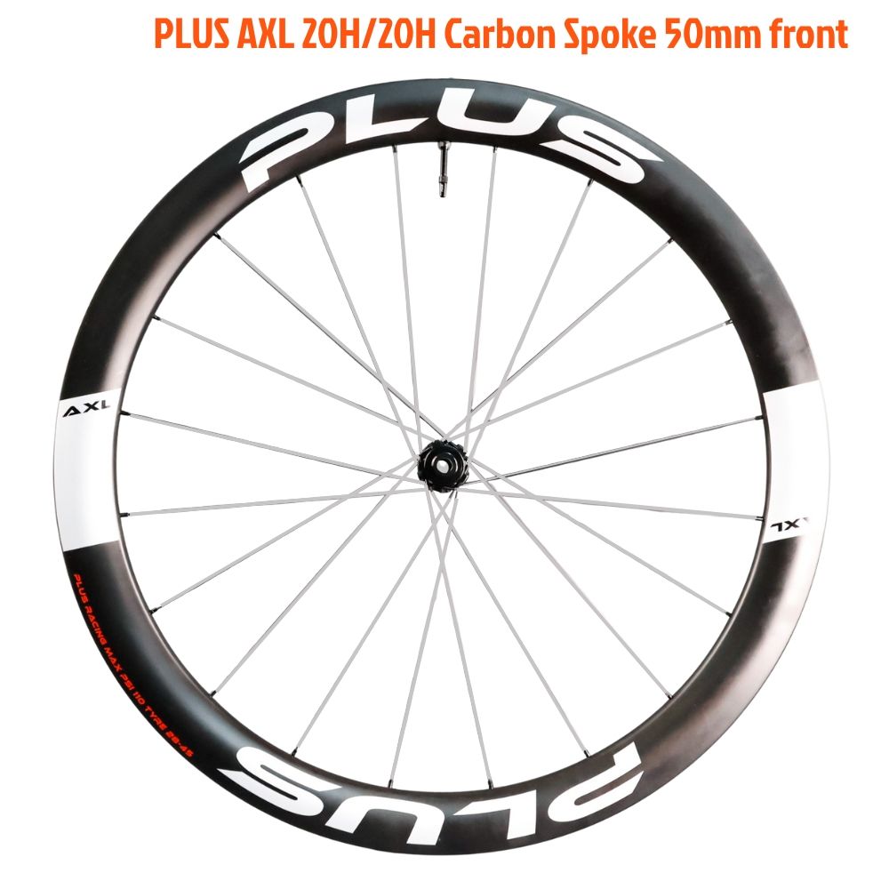 PLUS AXL 20/20H Carbon spoke Wheelset PLUS AXL 20H Carbon Spoke wheel, 50mm front, black with white lettering, silver spokes, and black hub, featuring PLUS branding on rim.
