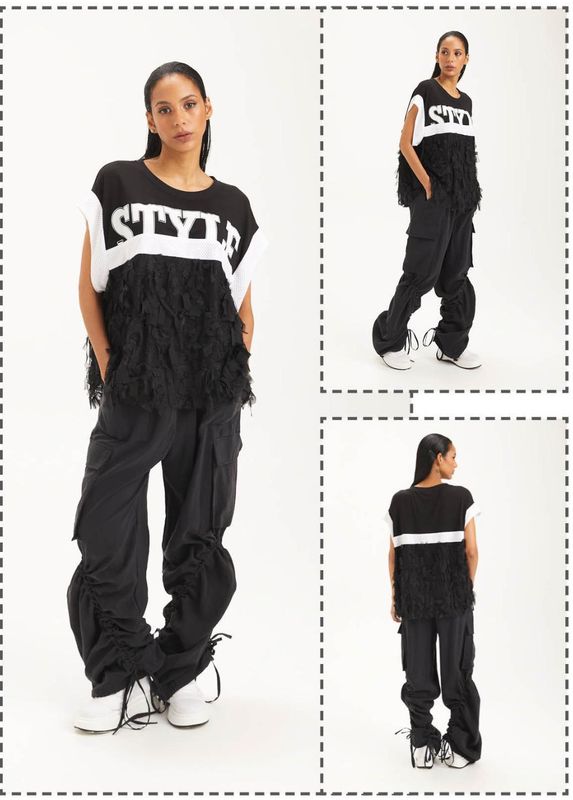 H-4 h4 black bluzka siatka koszulka falbany troki s m | xl xxl mgiełka napisy