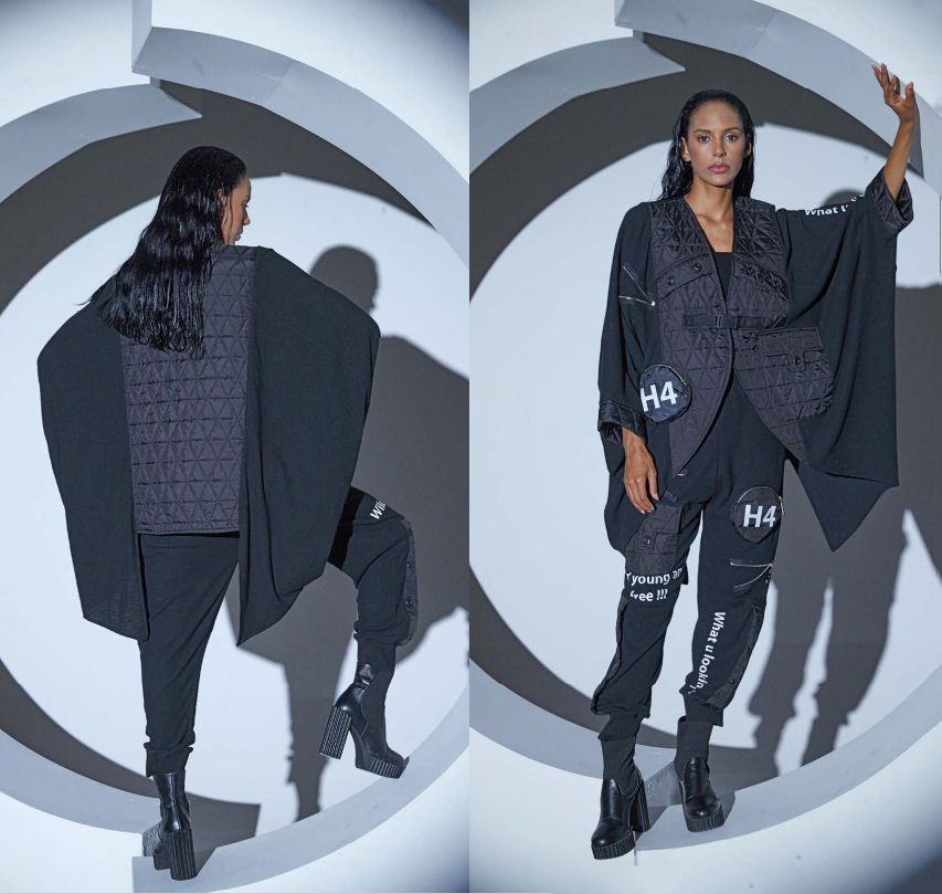 H-4 h4 black poncho design narzutka saszetka pikowana kamizelka kardigan s m l xl xxl peleryna