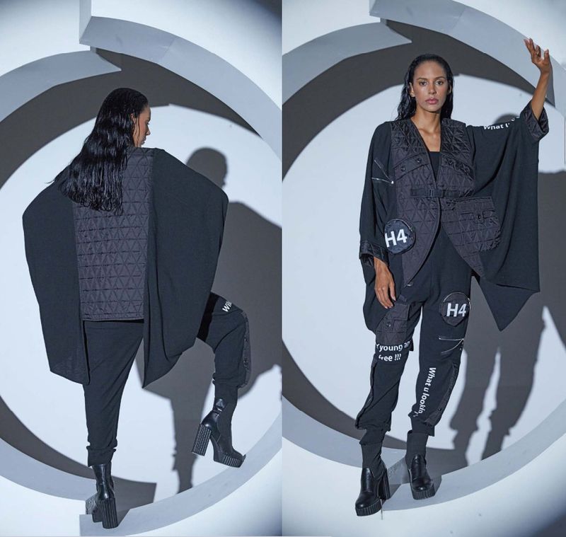 H-4 h4 black poncho design narzutka saszetka pikowana kamizelka kardigan s m l xl xxl peleryna