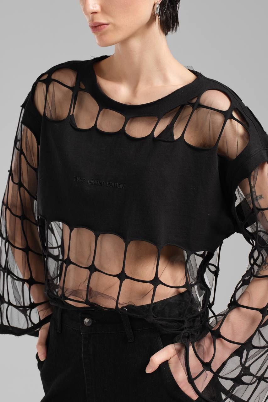 TW3 TOP BLUZKA krotka design TW-3 M L XL siatka mgiełka woal tiul CZARNA