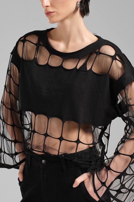 TW3 TOP BLUZKA krotka design TW-3 M L XL siatka mgiełka woal tiul CZARNA