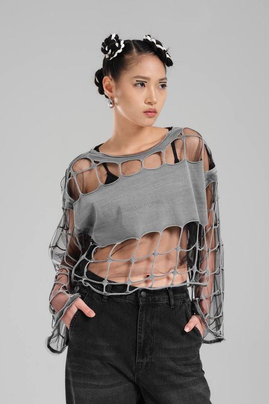 TW3 TOP BLUZKA krotka design TW-3 M L XL siatka mgiełka woal tiul szara