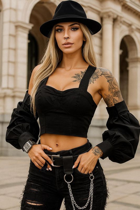 H-4 black h4 design Bluzka top czarny gorset kamizelka bufki plisy t-shirt oversize