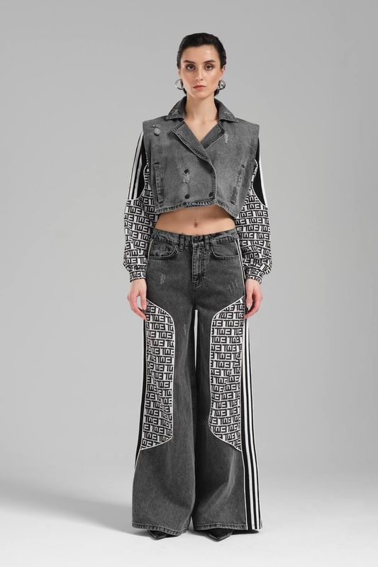 TW3 Zestaw Komplet Marynarka kurtka kamizelka + spodnie jeans wzory pasy wstawki design TW-3 dziury XS S M L XL XXL