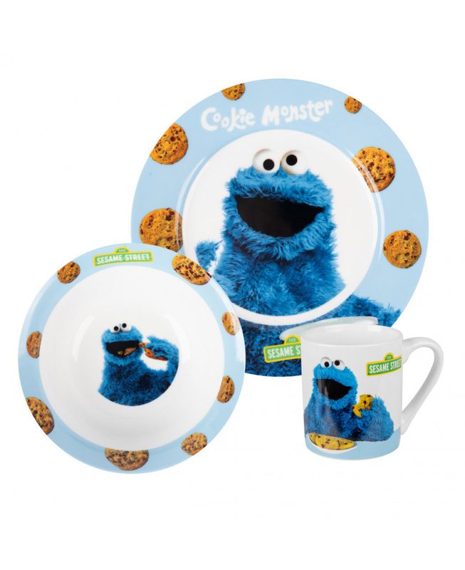 Sesamstraße Krümelmonster Kindergeschirr Set Krümelmonster Porzellan Kindergeschirr Set – Teller, Tasse, Müslischale
