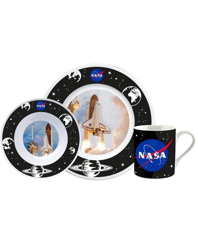 NASA Kindergeschirr Set NASA Porzellan Kindergeschirr Set – Teller, Tasse, Müslischale