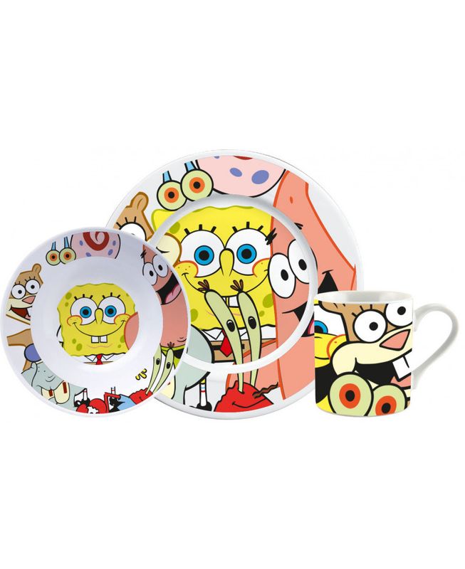 SpongeBob Schwammkopf Kindergeschirr Set SpongeBob Porzellan Kindergeschirr Set – Teller, Tasse, Müslischale