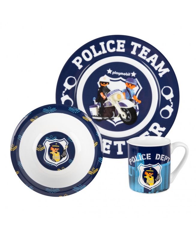 Playmobil Polizei Kindergeschirr Set Playmobil Polizei Porzellan Kindergeschirr Set – Teller, Tasse, Müslischale