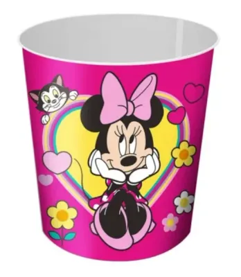 Nahaufnahme des Minnie Mouse Drucks mit Schleife, Herz und Blumen auf dem Mülleimer