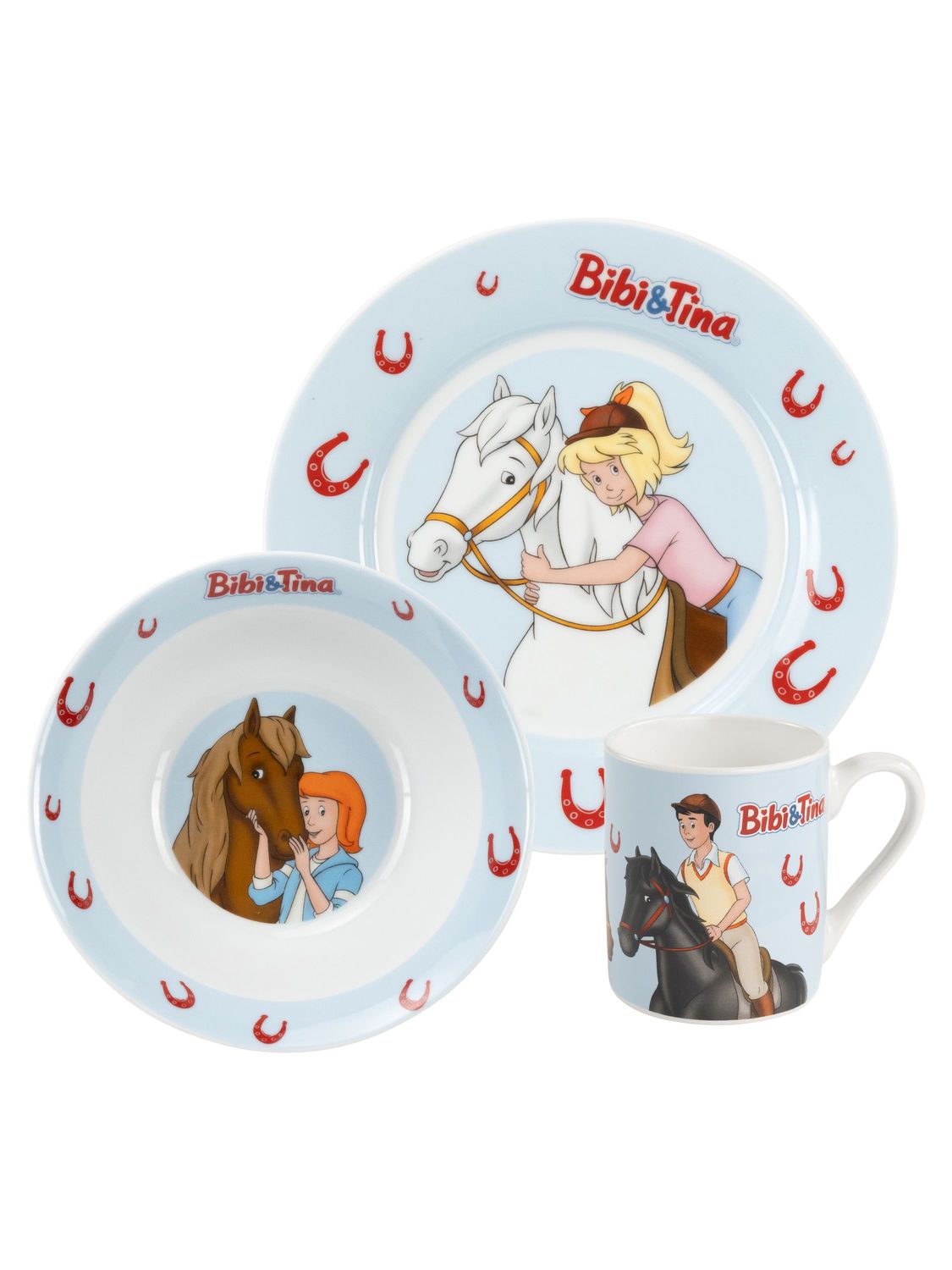 Bibi &amp; Tina Hufeisen Porzellan Kindergeschirr Set – Teller, Tasse, Müslischale