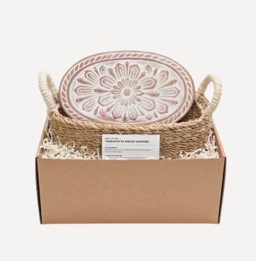 Handmade Terracotta Bread Warmer &amp; Basket Set – Flower
