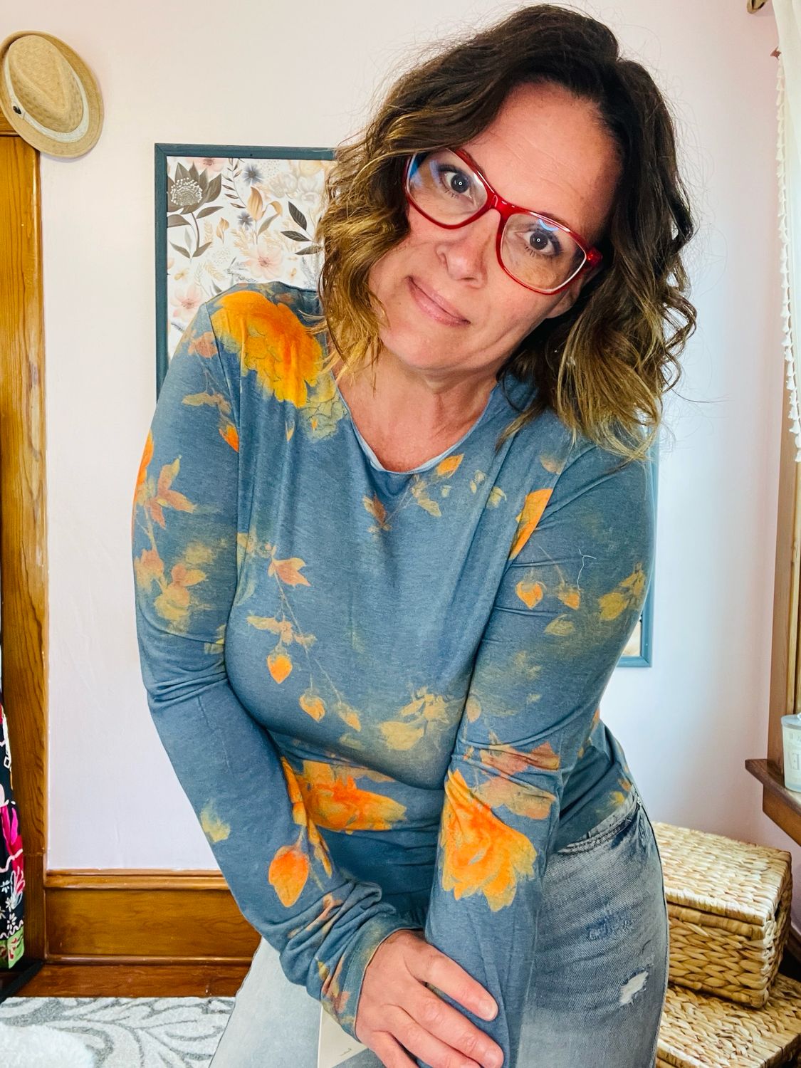Vintage Floral Tencel-Wool Blend Top – Teal Multi