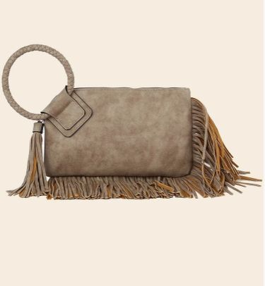 Stone vegan leather fringe clutch.