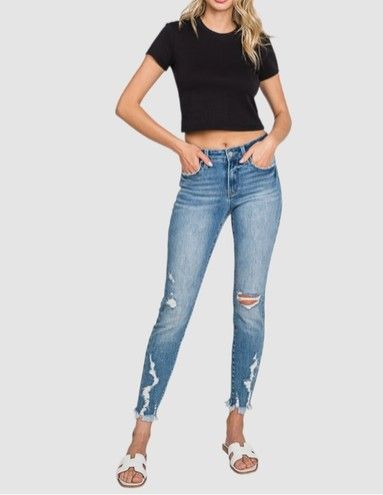 Destroyed Mid-Rise Ankle Skinny Jeans with Frayed Hem