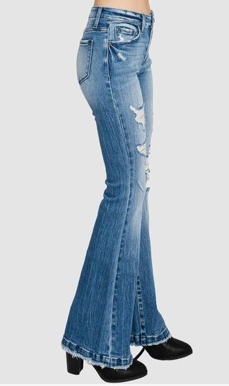 Destroyed Mid-Rise Stretch Flare Jeans (36" Inseam)