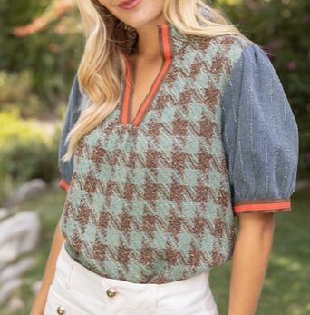 Houndstooth &amp; Denim Contrast Puff Sleeve Top