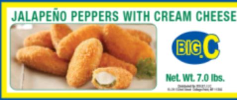 Frozen Big C - Jalapeno Peppers w/ Cream Cheese, 7 lb