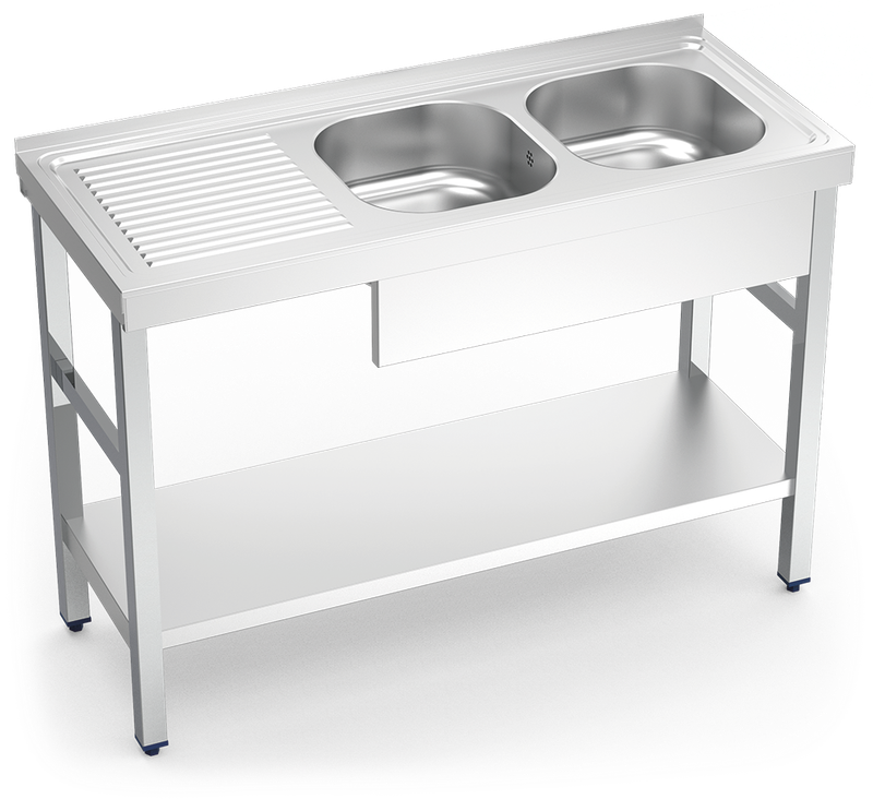 MUEBLE FREGADERO INDUSTRIAL 1400X700X850 mm, DOS SENOS CON ESTANTE INFERIOR