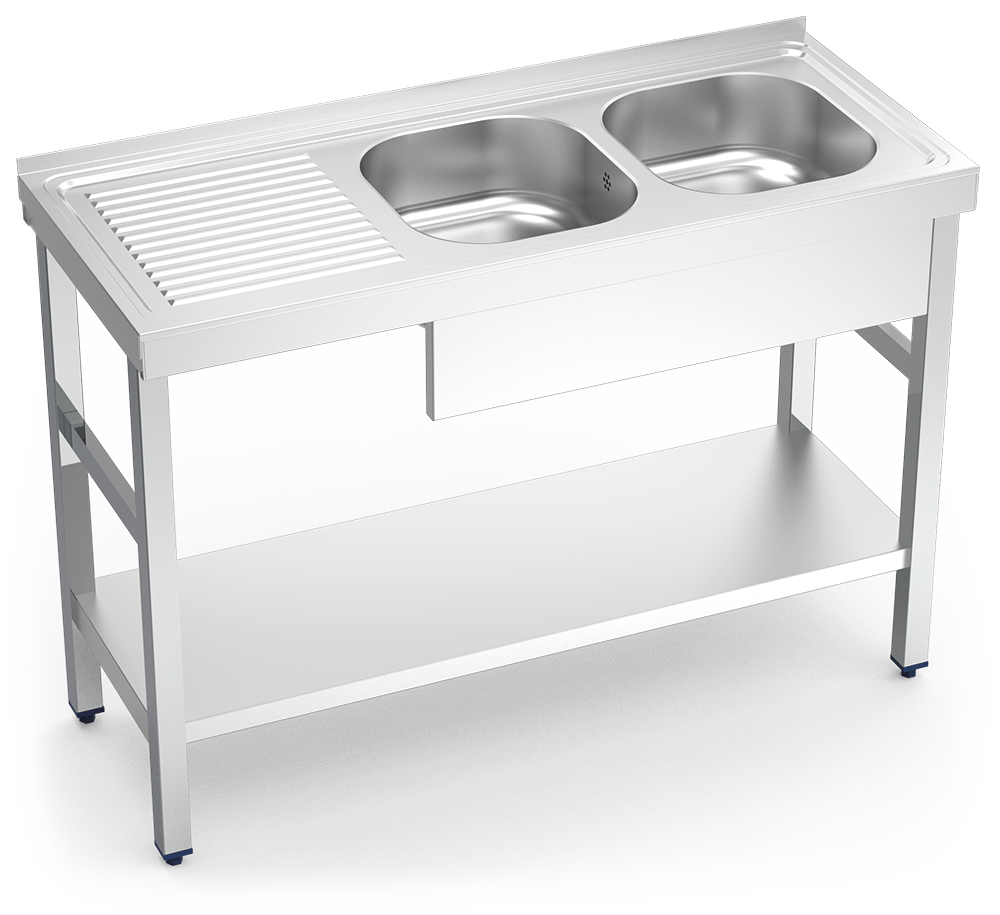 MUEBLE FREGADERO INDUSTRIAL 1600X700X850 mm., DOS SENOS Y UN ESCURRIDORM CON ESTANTE INFERIOR