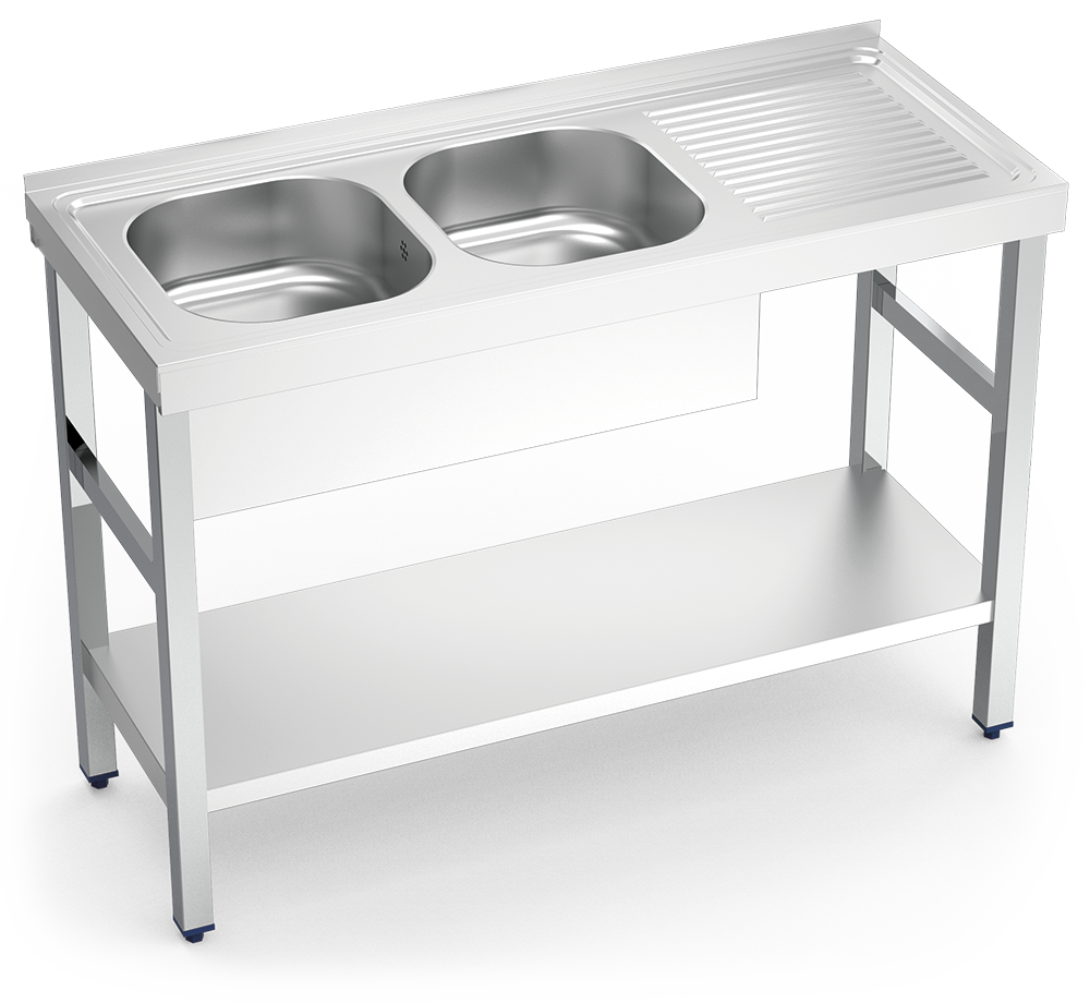MUEBLE FREGADERO INDUSTRIAL 1800X700X850 mm., DOS SENOS Y UN ESCURRIDOR CON ESTANTE INFERIOR