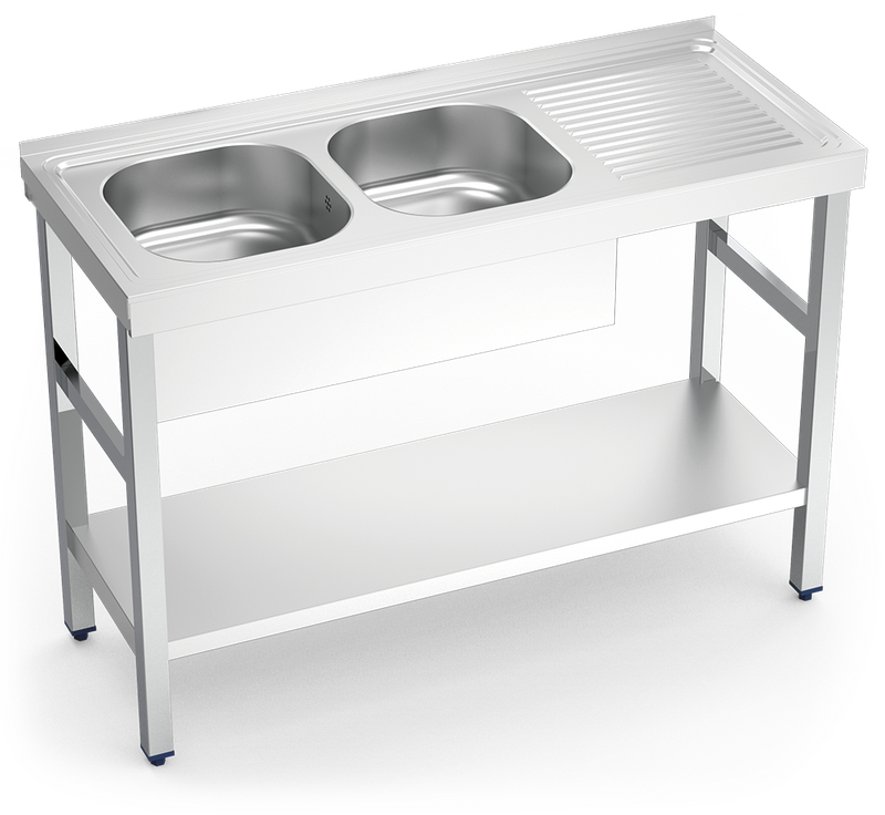 MUEBLE FREGADERO INDUSTRIAL 1800X700X850 mm., DOS SENOS Y UN ESCURRIDOR CON ESTANTE INFERIOR