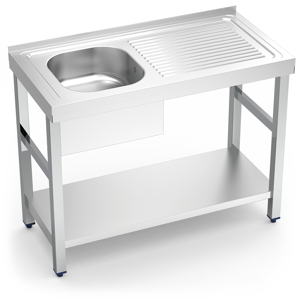 MUEBLE FREGADERO INDUSTRIAL 1200X700X850 mm., UN SENO Y UN ESCURRIDOR  CON ESTANTE INFERIOR