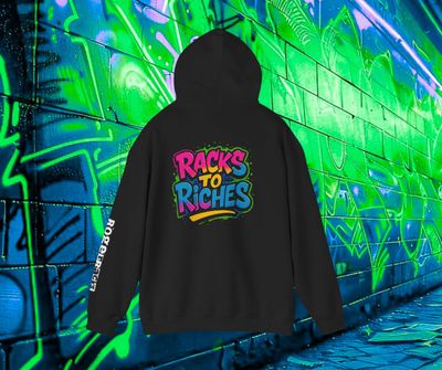 Official RogerRacks Bright Racks to Riches Hoodie Back print