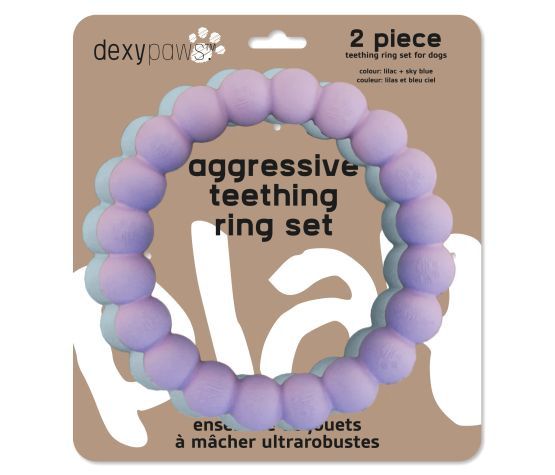 Dexypaws – Ultra-Durable Chew Toy Set – 2 Rings, Colour: lilas + bleu ciel