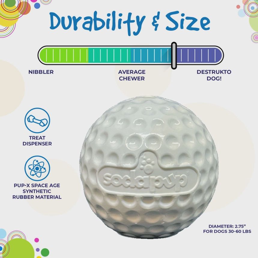 SodaPup- Distributeur de friandises en caoutchouc en forme de balle de golf et jouet d’enrichissement
