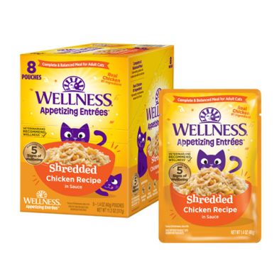 Wellness- Pochette entrées pour chat déchiqueté recette en bouillon 1.4oz unité, saveur: Poulet