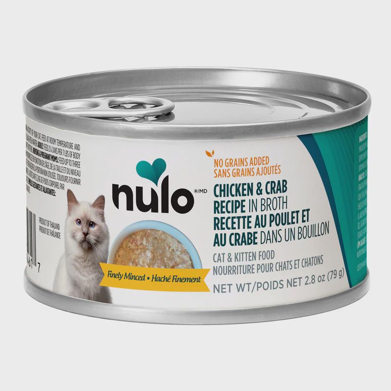 NULO- Conserve finement hachés en bouillon 2.8oz, ingrédients: Poulet &amp; crabe