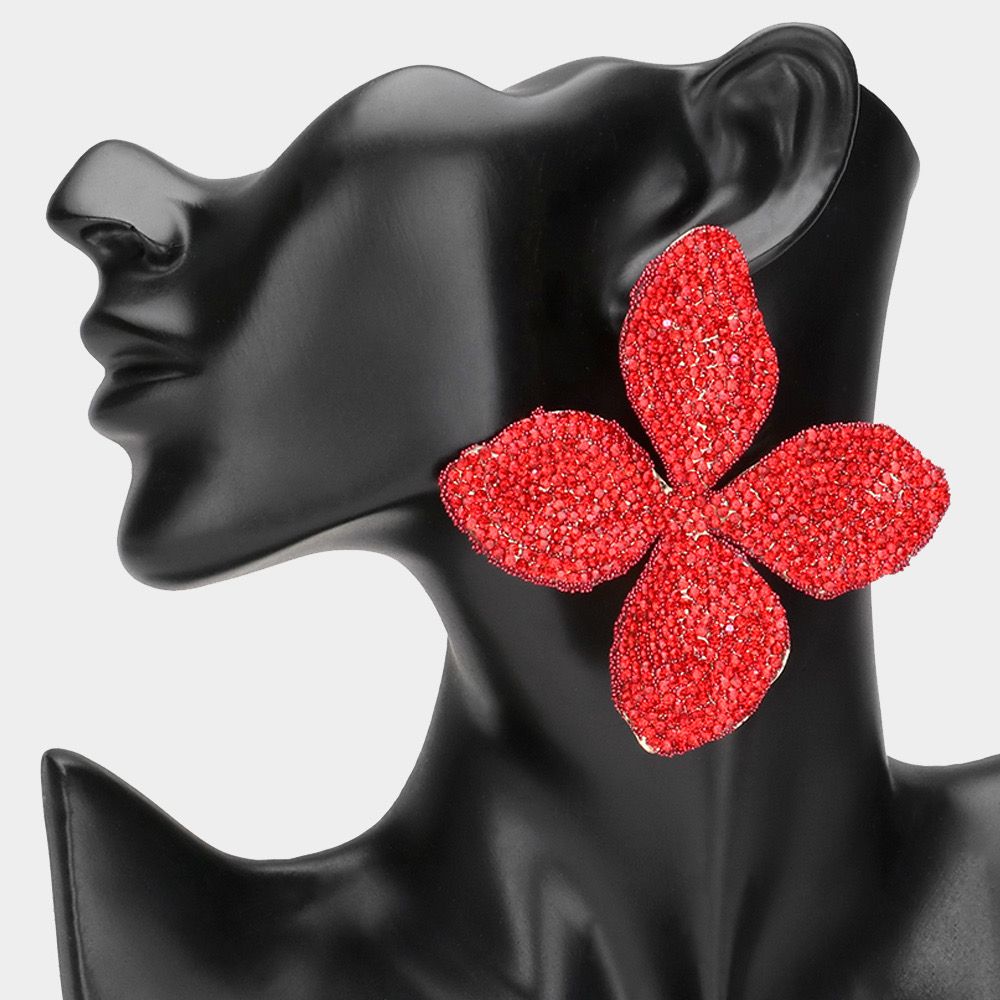 Red Oversized Bling Studded Flower Earrings