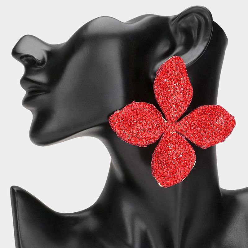 Red Oversized Bling Studded Flower Earrings